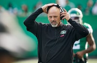 Dave and Craig Dickenson are together again with the Calgary Stampeders. Saskatchewan Roughriders head coach Craig Dickenson looks on during the first half of CFL football action against Toronto Argonauts in Regina, Sask., Saturday, Oct. 21, 2023. THE CANADIAN PRESS/Heywood Yu