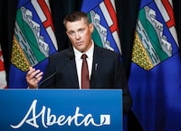 As Alberta enters the fourth year of debate over whether to ditch the Canada Pension Plan, the Opposition NDP says Premier Danielle Smith’s government is dragging its feet in order to manipulate the outcome. Alberta finance minister Nate Horner speaks at a news conference in Calgary, on June 29, 2023. THE CANADIAN PRESS/Jeff McIntosh