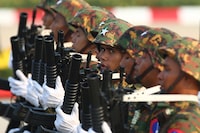 Military officers march during a parade to commemorate Myanmar's 78th Armed Forces Day in Naypyitaw, Myanmar, Monday, March 27, 2023. (AP Photo/Aung Shine Oo)