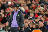 Liverpool's manager Jurgen Klopp gestures during the English League Cup third round soccer match between Liverpool and Leicester City at the Anfield stadium in Liverpool, England, Wednesday, Sept. 27, 2023. (AP Photo/Jon Super)