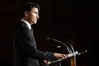 Prime Minister Justin Trudeau speaks to the audience during the Sikh Foundation Gala in Toronto on Saturday, May 4, 2024. 
THE CANADIAN PRESS/Arlyn McAdorey