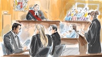 Umar Zameer, accused in the killing of Toronto Police Const. Jeffrey Northrup, left to right, defence lawyers Alexandra Heine, Nader Hasan, Crown attorney Karen Simone are shown in this courtroom sketch as Justice Anne Molloy and jury members look on in Toronto on Thursday, March 21, 2024. THE CANADIAN PRESS/Alexandra Newbould