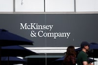 FILE PHOTO: The McKinsey & Company logo is displayed at the 54th International Paris Airshow at Le Bourget Airport near Paris, France, June 21, 2023. REUTERS/Benoit Tessier