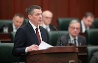 Alberta Finance Minister Nate Horner delivers the 2024 budget in Edmonton, Thursday, Feb. 29, 2024. THE CANADIAN PRESS/Jason Franson.