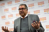Former Calgary mayor Naheed Nenshi announces that he would be seeking the leadership of the provincial NDP party in Calgary, Monday, March 11, 2024. Former Calgary mayor Naheed Nenshi is expected to be the centre of attention as the Alberta NDP leadership race holds its first debate Thursday night. THE CANADIAN PRESS/Todd Korol