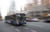 A potential strike by more than 180 transit supervisors seeking a new contract in British Columbia's Lower Mainland could have a major effect on commuters next week, with the bus drivers' union saying it would back such action. A bus is pictured in downtown Vancouver, Friday, November, 1, 2019. THE CANADIAN PRESS/Jonathan Hayward