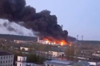 Smoke and fire rise from the site of a missile strike, amid Russia's attack on Ukraine, at the Trypilska power station in Kyiv region, Ukraine April 11, 2024, in this screen grab obtained from a social media video. Video Obtained By Reuters/via REUTERS