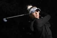 Nelly Korda hits from the 11th tee during the second round of the LPGA T-Mobile Match Play golf tournament Thursday, April 4, 2024, in North Las Vegas, Nev. (AP Photo/John Locher)