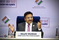 Chief Election Commissioner of India, Rajiv Kumar, speaks at a press conference organized by the commission to announce dates for the national elections, in New Delhi, India, Saturday, March 16, 2024. (AP Photo/Manish Swarup)