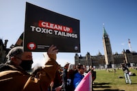 Demonstrators rally against Imperial Oil’s ongoing tailings pond leak, on Parliament Hill in Ottawa, Ontario, Canada April 20, 2023. REUTERS/Blair Gable