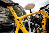 FILE PHOTO: Cycling - The 104th Tour de France cycling race - The 103-km Stage 21 from Montgeron to Paris Champs-Elysees, France - July 23, 2017 - The Pinarello Dogma F10 of Team Sky rider and yellow jersey Chris Froome of Britain is seen before the start, signed by Fausto Pinarello, CEO of Pinarello. REUTERS/Benoit Tessier