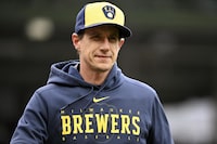 FILE - Milwaukee Brewers manager Craig Counsell looks on before a baseball game against the Chicago Cubs, Saturday, April 1, 2023, in Chicago. Counsell is meeting with the Cleveland Guardians about their managerial opening, a person familiar with the discussions told The Associated Press on Monday, Oct. 30, 2023. (AP Photo/Quinn Harris, File)