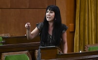 NDP MP Leah Gazan rises during question period in the House of Commons on Parliament Hill in Ottawa on Monday, June 21, 2021. Gazan is requesting the federal government establish a system where the public receives a phone notification when Indigenous women go missing. THE CANADIAN PRESS/Sean Kilpatrick