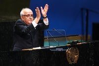 Palestinian Ambassador to the United Nations Riyad Mansour speaks during a special session of the UN General Assembly regarding the Palestinian bid for full membership to the UN, at UN headquarters in New York City on May 10, 2024. A veto from the United States during an April 18, 2024 UN Security Council meeting previously foiled the Palestinians' drive for full UN membership. (Photo by Charly TRIBALLEAU / AFP) (Photo by CHARLY TRIBALLEAU/AFP via Getty Images)