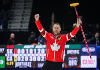 Canada skip Brad Gushue celebrates after defeating Saskatchewan 9-5 in 9 ends to win the final at the Brier, in Regina, Sunday, March 10, 2024. THE CANADIAN PRESS/Darryl Dyck