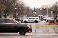 Police blockade roads after an incident at the Rainbow Bridge U.S. border crossing with Canada, in Niagara Falls, New York, U.S. November 22, 2023.  REUTERS/Lindsay DeDario