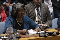 United States Ambassador and Representative to the United Nations Linda Thomas-Greenfield speaks during a Security Council meeting at United Nations headquarters, Friday, March. 22, 2024. (AP Photo/Yuki Iwamura)