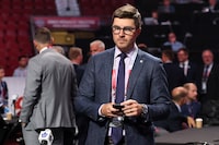 MONTREAL, QUEBEC - JULY 08: General manager Kyle Dubas of the Toronto Maple Leafs looks on from the draft floor prior to Round Two of the 2022 Upper Deck NHL Draft at Bell Centre on July 08, 2022 in Montreal, Quebec, Canada. (Photo by Bruce Bennett/Getty Images)
