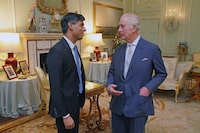 King Charles III meets with Prime Minister Rishi Sunak at Buckingham Palace, London, Britain for their first in-person audience since the King's diagnosis with cancer, February 21, 2024. Jonathan Brady/Pool via REUTERS