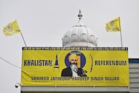 A banner is hanged at Guru Nanak Sikh Gurdwara, site of the 2023 murder of Sikh separatist leader Hardeep Singh Nijjar, in Surrey, British Columbia, Canada May 3, 2024.  REUTERS/Jennifer Gauthier