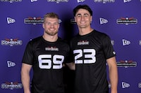 Joel Dublanko (left) and Casey Bauman don’t need their new-found dual citizenships to make them feel at home in Canada. The American-born football prospects have family ties that led to their designations as nationals for the April 30 CFL global and Canadian drafts, but they both already felt a connection. Dublanko and Bauman pose for a photo at the CFL National Combine on March 20, 2024 in Winnipeg. THE CANADIAN PRESS/HO-Andrew Mahon/CFL **MANDATORY CREDIT** 