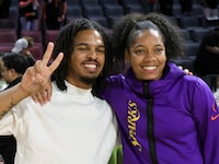 LAS VEGAS, NEVADA - AUGUST 19: TikTok food reviewer Keith Lee poses with Zia Cooke #1 of the Los Angeles Sparks after the team's 78-72 victory over the Las Vegas Aces at Michelob ULTRA Arena on August 19, 2023 in Las Vegas, Nevada. The Sparks defeated the Aces 78-72. NOTE TO USER: User expressly acknowledges and agrees that, by downloading and or using this photograph, User is consenting to the terms and conditions of the Getty Images License Agreement. (Photo by Ethan Miller/Getty Images)