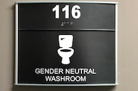 Quebec's new rules banning the construction of gender-neutral bathrooms in schools enters into effect today. A gender neutral washroom sign is pictured in Saskatoon, Sask., Sept. 13, 2018. THE CANADIAN PRESS/Jonathan Hayward