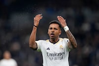 Real Madrid's Rodrygo reacts during the Champions League round of 16 second leg soccer match between Real Madrid and RB Leipzig at the Santiago Bernabeu stadium in Madrid, Spain, Wednesday, March 6, 2024. (AP Photo/Manu Fernandez)