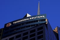 The Thomson Reuters logo is pictured on a building in the Manhattan borough of New York City, New York, U.S. November 16, 2021. REUTERS/Carlo Allegri/ File Photo