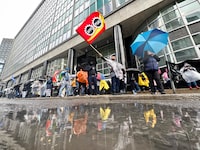 Public Service Alliance of Canada (PSAC) workers at the Canada Revenue Agency (CRA) continue to strike in Montreal, Monday, May 1, 2023. THE CANADIAN PRESS/Christinne Muschi