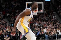 Mar 1, 2024; Toronto, Ontario, CAN; Golden State Warriors forward Draymond Green (23) reacts after a play against the Toronto Raptors during the second half at Scotiabank Arena. Mandatory Credit: John E. Sokolowski-USA TODAY Sports