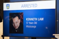 A photo of Kenneth Law, an Ontario man accused of selling a deadly substance online, is shown during a press conference, in Mississauga, Ont., Tuesday, Aug. 29, 2023. THE CANADIAN PRESS/Arlyn McAdorey