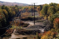 Newly installed poles for transmission lines for the New England Clean Energy Connect project (also known as the Clean Energy Corridor), which will bring hydroelectric power to the New England power grid, stand next to existing power lines in Moscow, Maine, U.S., October 7, 2021.   REUTERS/Brian Snyder