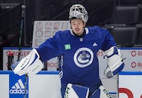 Vancouver Canucks goalie Arturs Silovs skates onto the ice before practice ahead of Game 1 of their NHL hockey Stanley Cup second-round playoff series against the Edmonton Oilers, in Vancouver, B.C., Tuesday, May 7, 2024. THE CANADIAN PRESS/Darryl Dyck