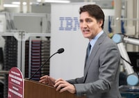Prime Minister Justin Trudeau makes an announcement at IBM in Bromont, Que., Friday, April 26, 2024. The federal government is announcing an investment of nearly $60 million in semiconductors, a technology omnipresent in electronic devices, also used to develop artificial intelligence. THE CANADIAN PRESS/Christinne Muschi