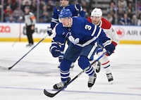 Apr 8, 2023; Toronto, Ontario, CAN;   Toronto Maple Leafs defenseman Justin Holl (3) skates after the puck against the Montreal Canadians in the second period at Scotiabank Arena. Mandatory Credit: Dan Hamilton-USA TODAY Sports