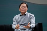 Chang Hwan Kim, senior vice president and head of Hydrogen Fuel Cell development at Hyundai, speaks during a Hyundai news conference before the start of the CES tech show Monday, Jan. 8, 2024, in Las Vegas. (AP Photo/Ryan Sun)