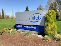 FILE PHOTO: A sign is seen outside the Intel corporate campus in Hillsboro, Oregon, U.S., April 25, 2018. Picture taken April 25, 2018. REUTERS/Caroline Humer/File Photo