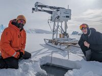 A Calgary researcher in Antarctica researching sea ice says he's seen first hand just how big an impact climate change has had in the region. Vishnu Nandan, left, a post-doctoral associate with the University of Calgary, and Robbie Mallett, from the University of Manitoba, are seen using state-of-the-art ground-based radar system to improve how radar satellites measure the thickness of Antarctic sea ice and snow, at Rothera Research Station, Antarctica, in an undated handout photo. THE CANADIAN PRESS/HO-University of Calgary, *MANDATORY CREDIT*