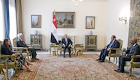 This handout picture released by the Egyptian Presidency shows Egypt's President Abdel Fattah al-Sisi (C), accompanied by intelligence chief Major General Abbas Kamel (2nd-R), meeting with CIA Director William Burns (2nd-L) and US ambassador to Cairo Herro Mustafa Garg (L) at the presidential palace in Cairo on April 7, 2024. The war between Israel and Hamas entered its seventh month on April 7 as US and other negotiators were expected to join the protagonists in Cairo in a renewed push for a ceasefire and hostage release deal. (Photo by EGYPTIAN PRESIDENCY / AFP) / === RESTRICTED TO EDITORIAL USE - MANDATORY CREDIT "AFP PHOTO / HO / EGYPTIAN PRESIDENCY' - NO MARKETING NO ADVERTISING CAMPAIGNS - DISTRIBUTED AS A SERVICE TO CLIENTS == (Photo by -/EGYPTIAN PRESIDENCY/AFP via Getty Images)