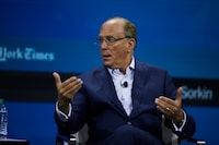 FILE — Larry Fink, CEO of BlackRock, delivers remarks at the 2022 NYT DealBook Summit in New York, on Nov. 30, 2022. Fink drew criticism from investors and politicians when the asset manager recently appointed a former oil company head Blackrock’s board. (Winnie Au/The New York Times)
