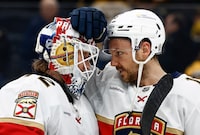 May 10, 2024; Boston, Massachusetts, USA; Florida Panthers center Sam Reinhart (13) congratulates goaltender Sergei Bobrovsky (72) after they defeated the Boston Bruins 6-2 in game three of the second round of the 2024 Stanley Cup Playoffs at TD Garden. Mandatory Credit: Winslow Townson-USA TODAY Sports