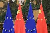 Flags of European Union and China are pictured during the China-EU summit at the Great Hall of the People in Beijing, China, July 12, 2016. REUTERS/Jason Lee