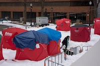 The homeless encampment in Grand Parade in front of City Hall in Halifax is seen after eviction notices were served on Wednesday, February 7, 2024. THE CANADIAN PRESS/Darren Calabrese
