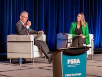 FSRA CEO Mark White and Clare O’Hara, The Globe and Mail’s wealth management reporter, at the 2024 FSRA Exchange in Toronto.