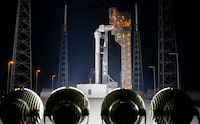 This handout photo released by NASA shows a United Launch Alliance Atlas V rocket with Boeing's CST-100 Starliner spacecraft aboard on the launch pad illuminated by spotlights at Space Launch Complex 41 ahead of the NASA's Boeing Crew Flight Test, May 5, 2024 at Cape Canaveral Space Force Station in Florida. Astronauts Butch Wilmore and Suni Williams will blast off on the years-delayed flight on May 6 for a weeklong stay on the International Space Station (ISS). (Photo by Joel KOWSKY / NASA / AFP) / RESTRICTED TO EDITORIAL USE - MANDATORY CREDIT "AFP PHOTO / NASA/Joel Kowsky " - NO MARKETING NO ADVERTISING CAMPAIGNS - DISTRIBUTED AS A SERVICE TO CLIENTS (Photo by JOEL KOWSKY/NASA/AFP via Getty Images)