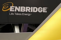 FILE PHOTO: The logo of Calgary-based Enbridge, one of North America's largest energy infrastructure companies, is displayed during the LNG 2023 energy trade show in Vancouver, British Columbia, Canada, July 12, 2023. REUTERS/Chris Helgren/File Photo