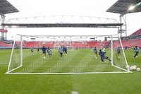 Simcoe County Rovers train at BMO field on Tuesday, April 23, 2024, ahead of their Canadian Championship game against Toronto FC on Wednesday. THE CANADIAN PRESS/Chris Young 
