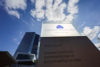 A view shows the board of the European Central Bank (ECB) building, on the day of the monthly news conference following the ECB's monetary policy meeting in Frankfurt, Germany, September 14, 2023