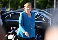 Former German Chancellor Angela Merkel attends the farewell party for Jurgen Trittin, member of the Bundestag, in Berlin, Monday May 13, 2024. (Britta Pedersen/dpa via AP)